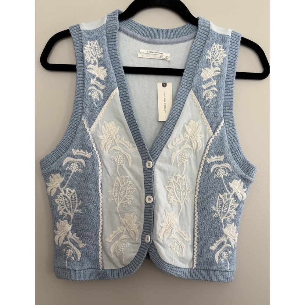 Anthropologie Embroidered Sweater Vest Blue Women's Size Small